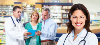 pharmacist and a senior couple in pharmacy